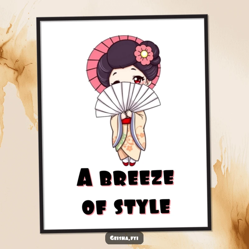 Funny geisha poster, elegant artwork depicting a woman with a huge, comical fan, excellent for wall decor and funny gifts.