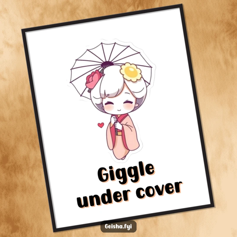 Funny Geisha Giggle Poster: a shy character with a rosy blush giggling behind an umbrella, conveying sweet innocence.