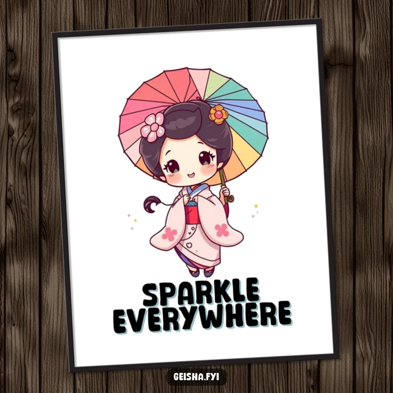 Funny Geisha Poster: A vibrant artwork of a geisha spinning a colorful parasol, leaving a shimmering glitter trail.