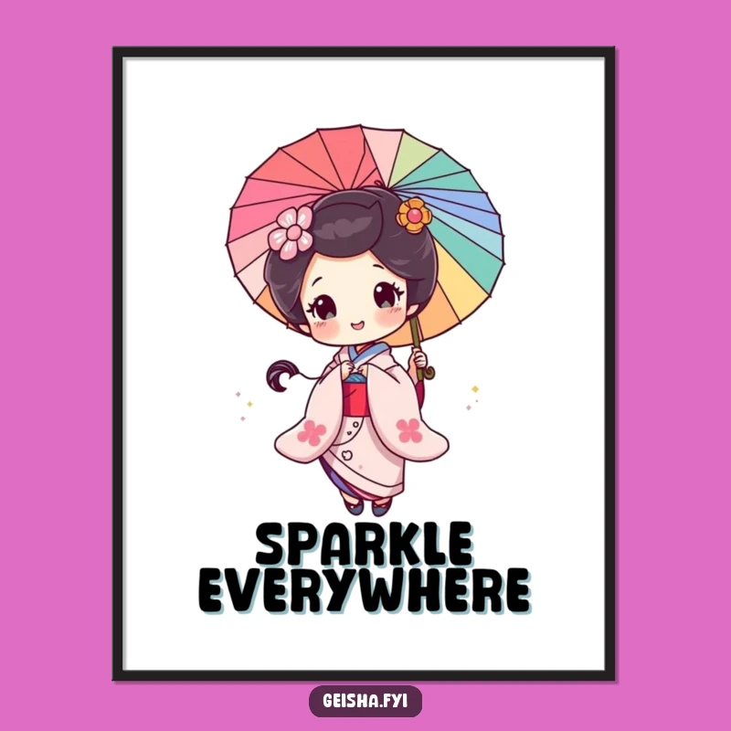Funny Geisha Parasol Glitter Art Poster: Festive Wall Decor Gift