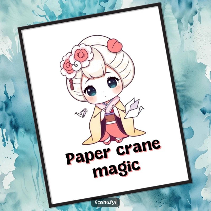 Funny geisha poster with a geisha character showing exaggerated surprise while observing a small, cute origami crane, humorous wall art.