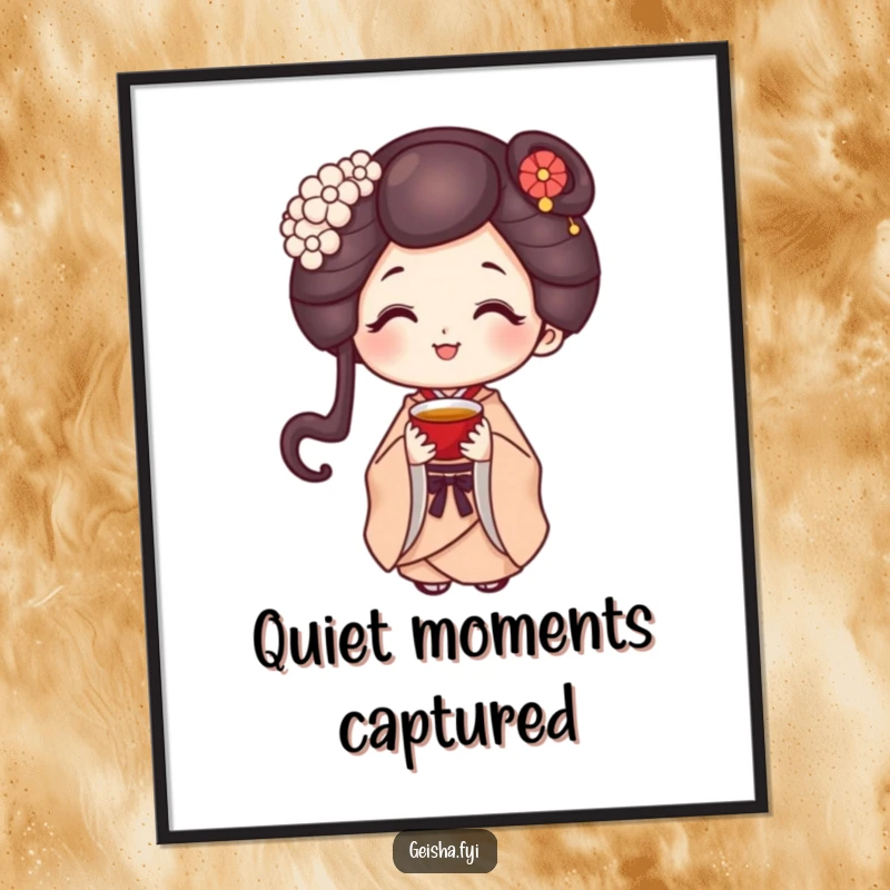 Funny geisha character poised with a sweet smile, offering a tiny cup of tea in a charming poster.