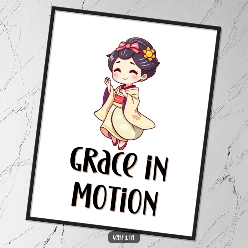 Funny Geisha doing a playful spin with a flourish, humorous and dynamic wall art.