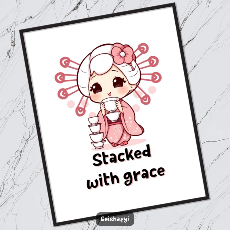 Funny geisha character demonstrating an impressive, humorous balancing feat with tiny teacups on this art print.