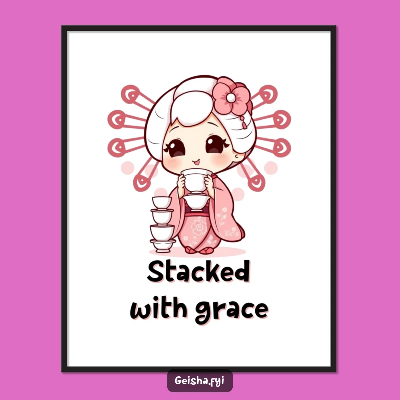 Funny Geisha Teacup Poster: Hilarious Balancing Act Art Print