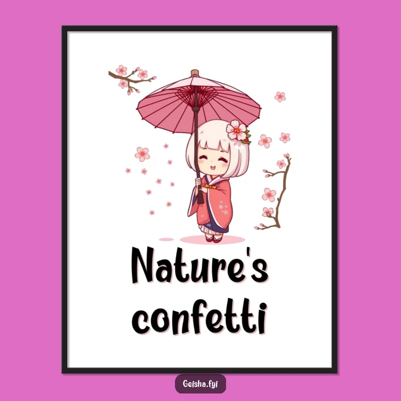 Funny Geisha Umbrella Cherry Blossom Poster - Giggling Wall Art Gift
