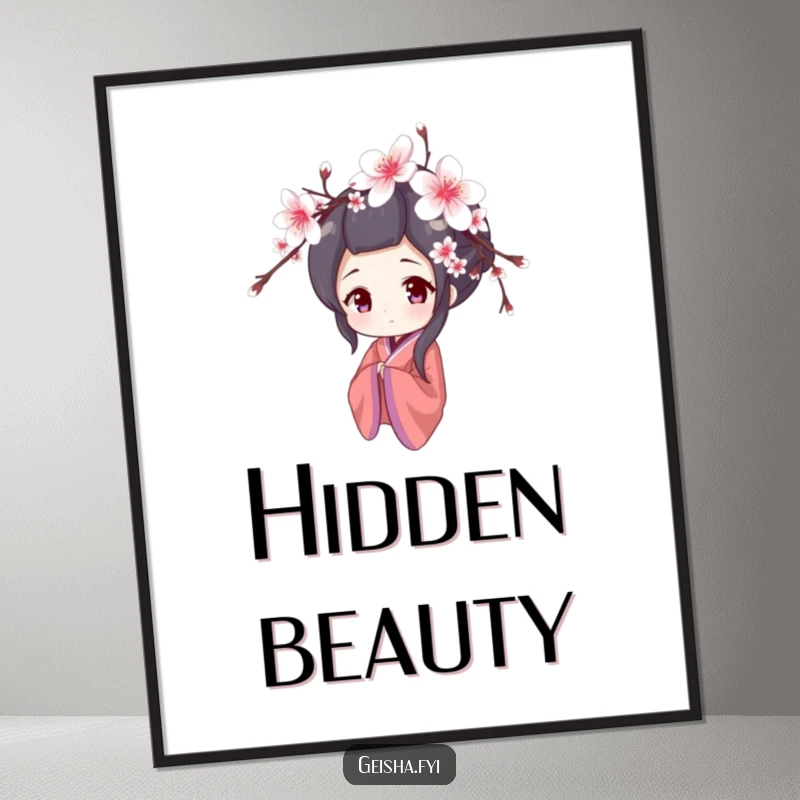 Funny poster of a shy geisha character peeking from behind cherry blossoms, evoking serene beauty and humor, perfect wall art.