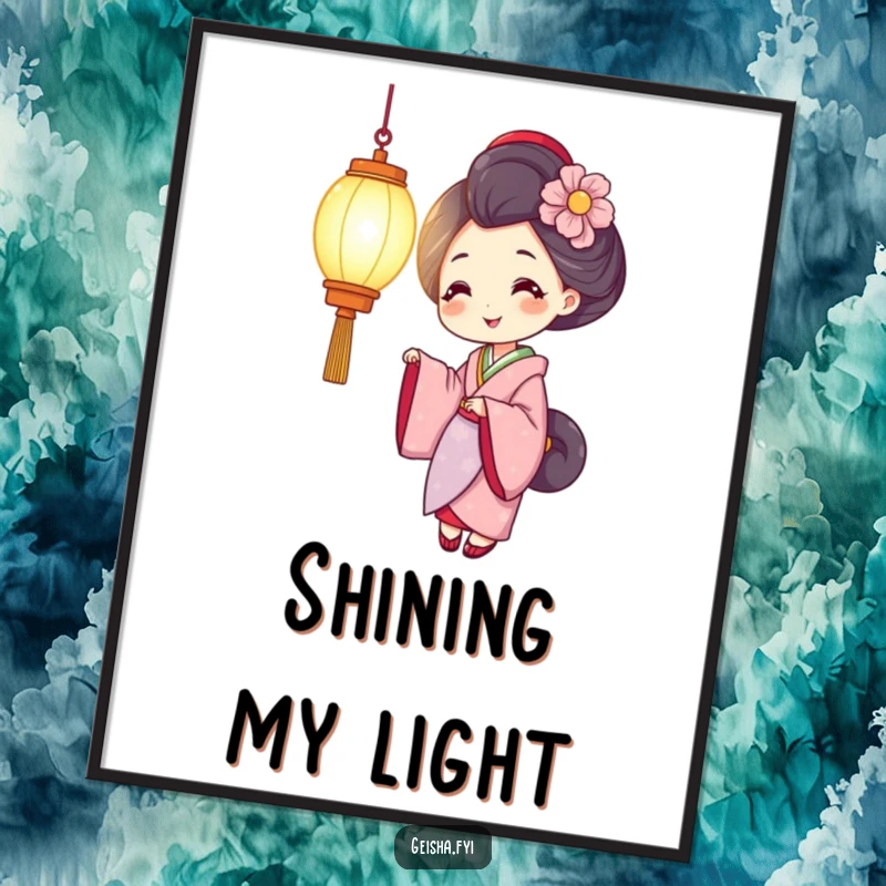 Funny geisha poster featuring a smiling woman holding a brightly lit lantern, adding warmth, light, and cheerful ambiance to decor.