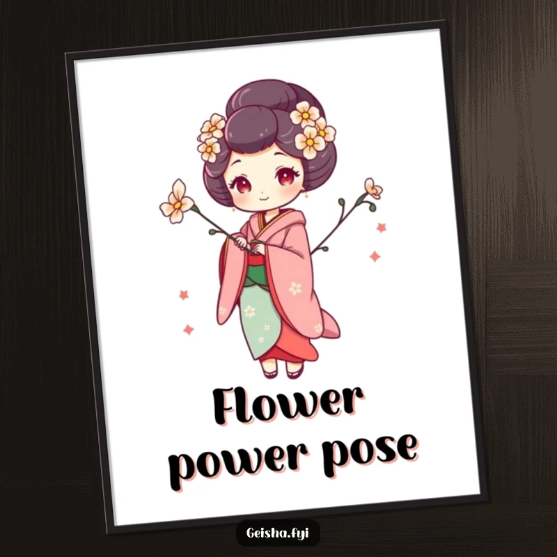Funny geisha poster depicting a woman in a whimsical pose holding a flower, adding artistic elegance and playful humor to decor.