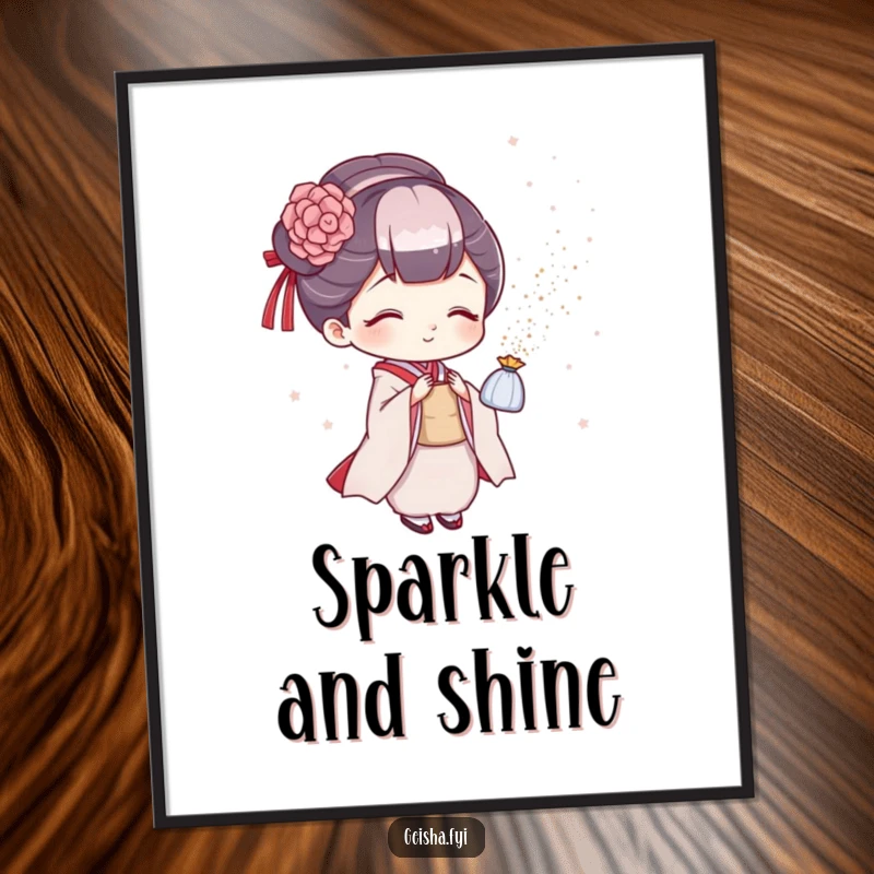 Funny geisha poster, glamorous artwork of a character playfully showering glitter, ideal for sparkly wall decor and funny gifts.