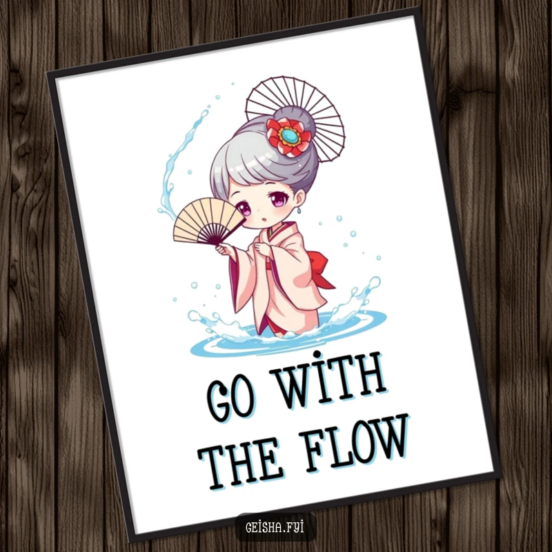 Funny Geisha Splashing Poster, a character playfully tossing water with a fan, creating a vivid image of joyful water fun.