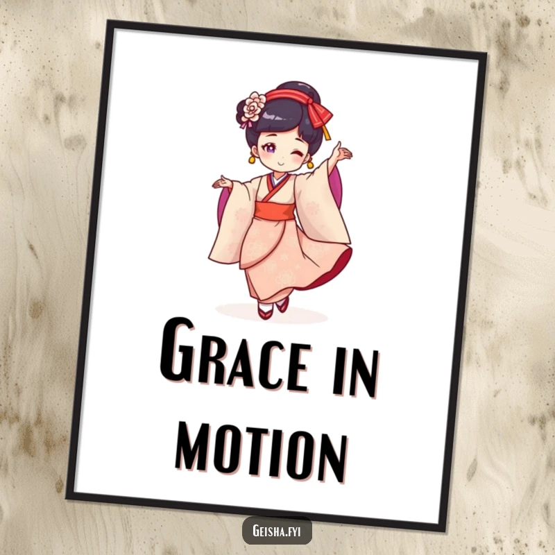 Funny Geisha Poster: Cheerful character in a dynamic, twirling dance, creating a vibrant and amusing focal point.