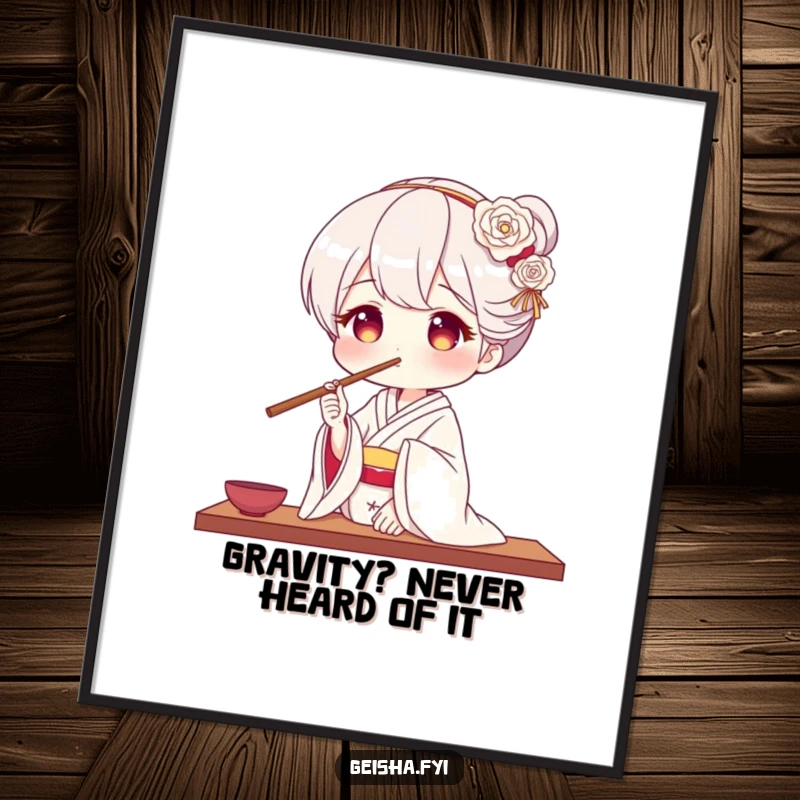 Funny geisha poster illustrating an elegant geisha performing a playful balancing act with chopsticks on her nose.