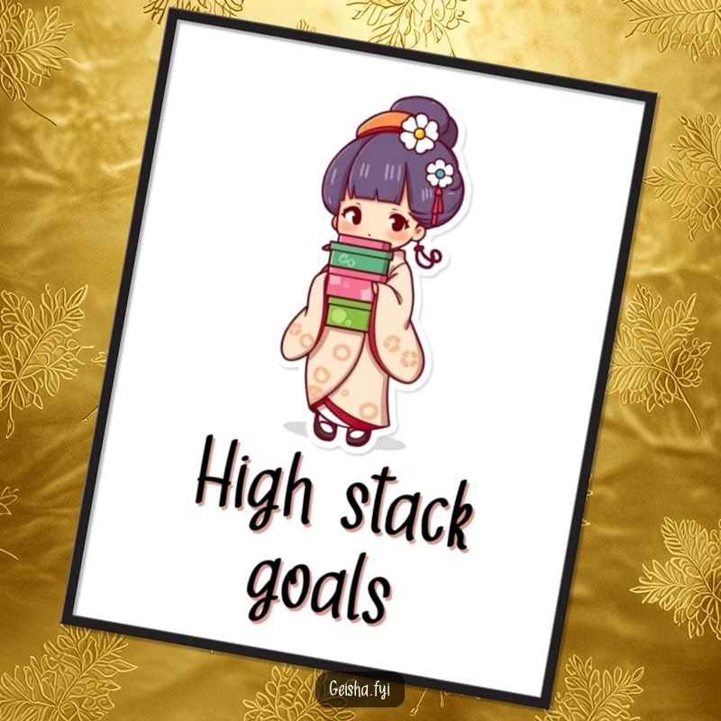 Funny geisha poster, artistic depiction of a character balancing colorful boxes with grace, ideal for elegant wall decor and funny gifts.