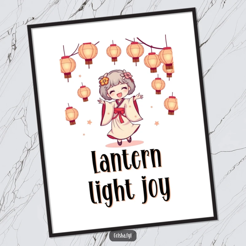 Funny geisha poster capturing a geisha character in a dynamic, joyful dance surrounded by a stunning cascade of light paper lanterns.