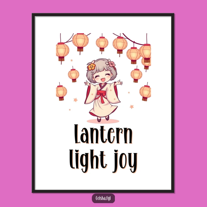 Funny Geisha Poster - Joyful Dance with Paper Lanterns Art