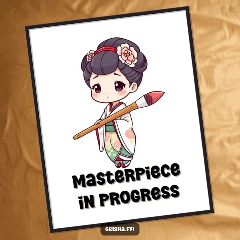 Funny geisha character humorously painting with a comically large paintbrush mid-stroke on this art print.