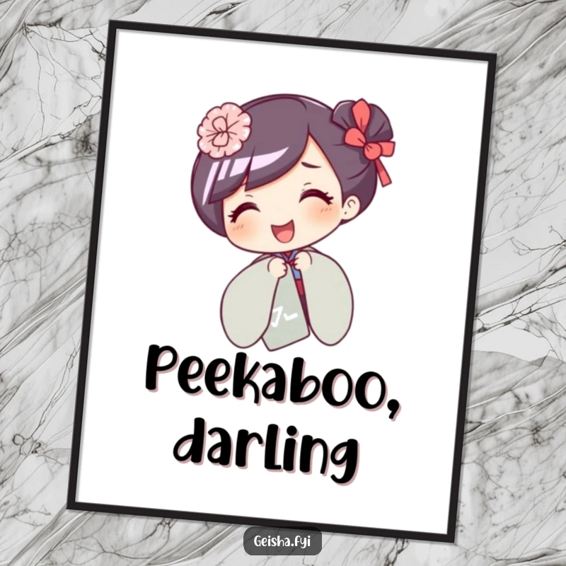 Funny poster print of a giggling geisha character peeking playfully from behind a decorative paper fan.