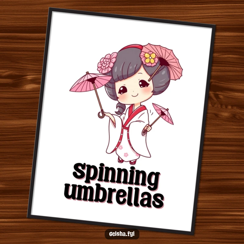 Funny geisha poster, a geisha’s mischievous smile is highlighted as she juggles three small umbrellas, adding humor to your wall.
