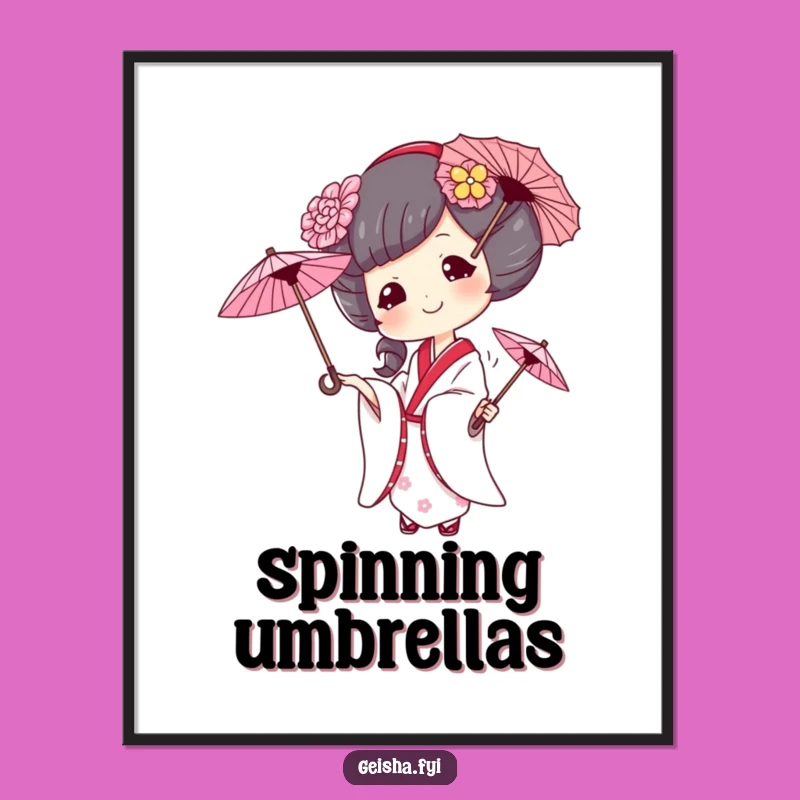Funny Mischievous Geisha Juggling Umbrellas Poster: Hilarious Wall Art for a Jolly Space