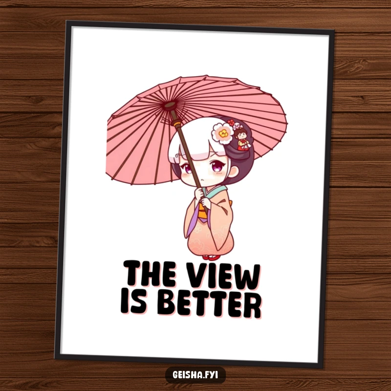 Funny Geisha peeking from behind a large umbrella, humorous and artistic poster print.