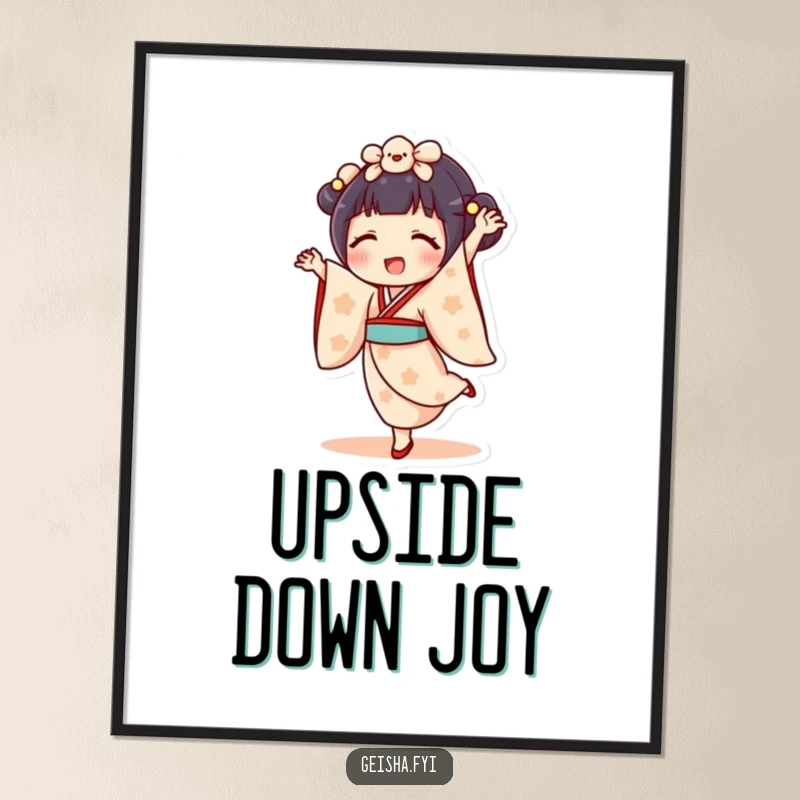 Funny geisha doll poster showing character doing a cartwheel with legs up. Delighted, energetic, and whimsical wall art.