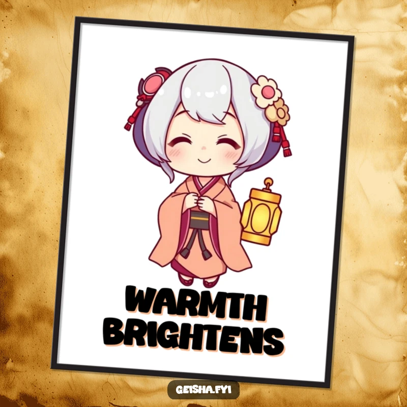 Funny Geisha offering a small glowing lantern with a warm smile, humorous wall art.