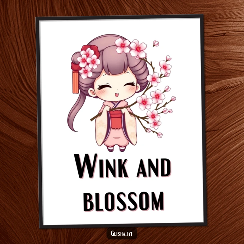 Funny geisha poster showing a charming geisha winking playfully while holding a delicate cherry blossom sprig.