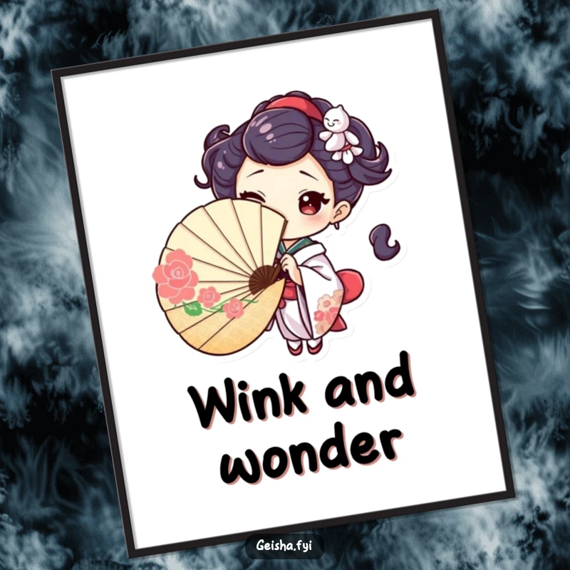 Intriguing poster art of a geisha character playfully peeking from behind an ornate fan, giving a captivating wink, full of playful mystery.