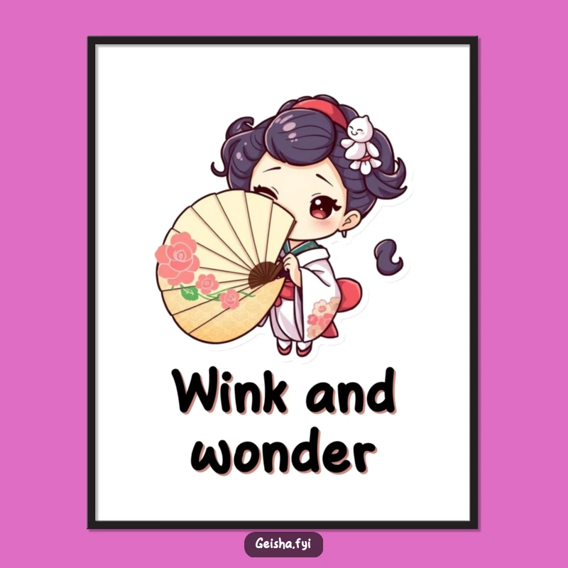 Playful Geisha Fan Poster: Wink Art, Mysterious Humorous Gift