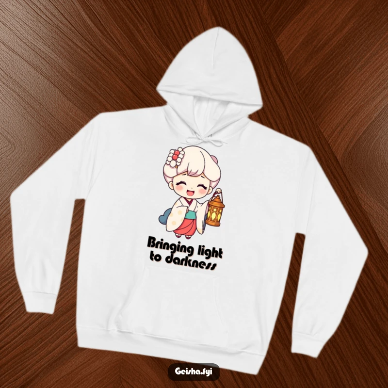Funny Hoodie: A geisha holds a lantern, brightly illuminating a face contorted in pure, infectious laughter, spreading warmth.