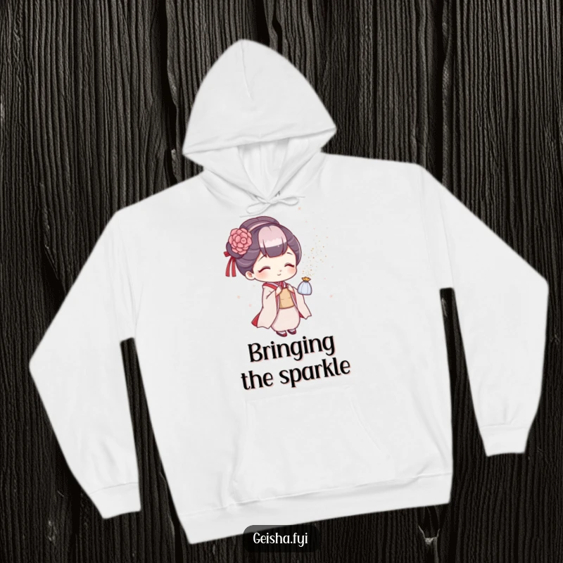 Funny geisha hoodie, cozy design with a character playfully showering glitter, bringing warmth and funny sparkle, great funny gift.