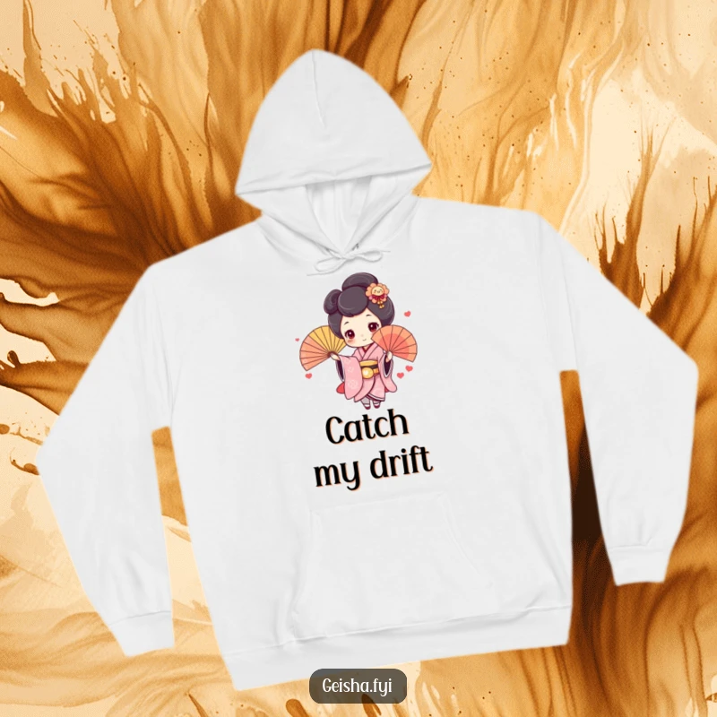 Funny Geisha Hoodie: Cute character with rosy cheeks joyfully throws a colorful fan, blending warmth with humorous art.