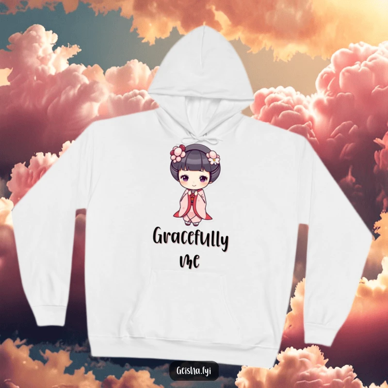 Funny geisha hoodie, a geisha bows gracefully with a cheerful smile, offering warmth and humor.