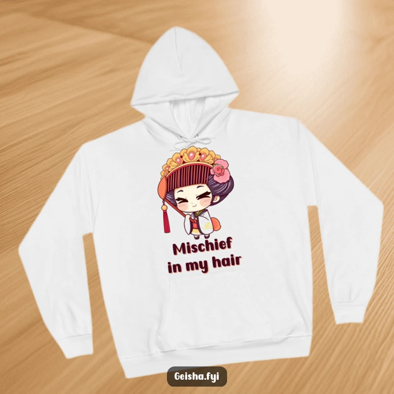 Funny Geisha Hoodie: A geisha character with a sly smile tries on a large, ornate comb.