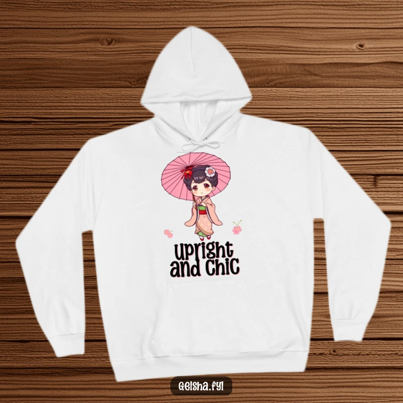 Funny cozy hoodie featuring an elegant geisha character playfully balancing a colorful parasol with graceful poise.
