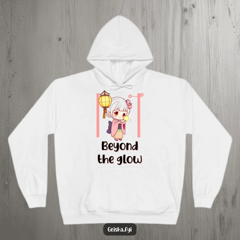 Funny geisha hoodie featuring a curious geisha mesmerized by a bright, glowing lantern, designed for humorous comfort.