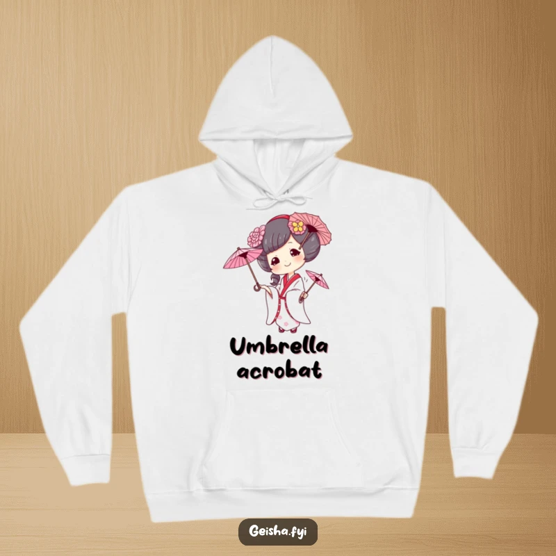 Funny geisha hoodie, a mischievous geisha juggles three umbrellas, a playful and humorous design perfect for staying warm.