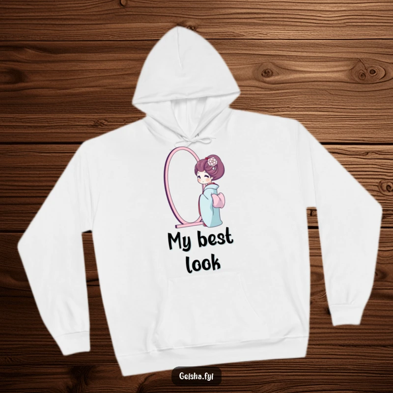 Funny geisha hoodie, a geisha happily admires her reflection in a mirror, embodying self-love and humor.