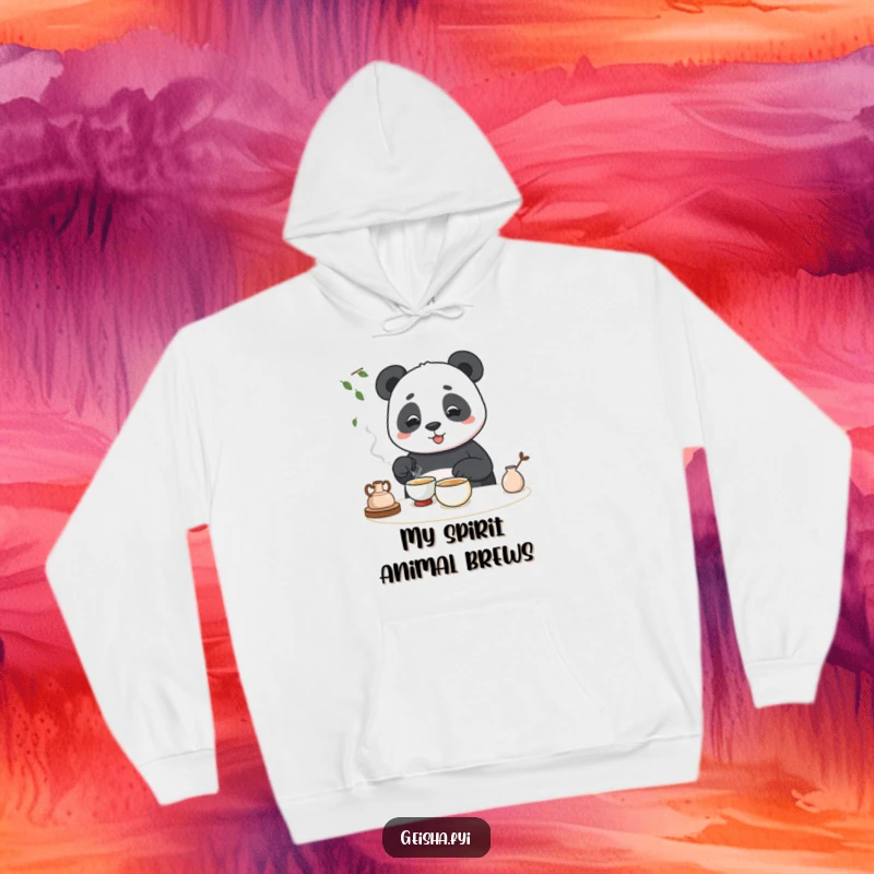 Funny hoodie depicting a panda hilariously failing at a tea ceremony, offering warmth and humor.