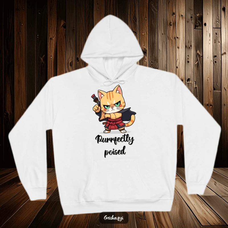 Funny Hoodie: A cozy hoodie featuring a stoic cat dressed as a samurai, striking a dramatic, powerful pose, ready for action.