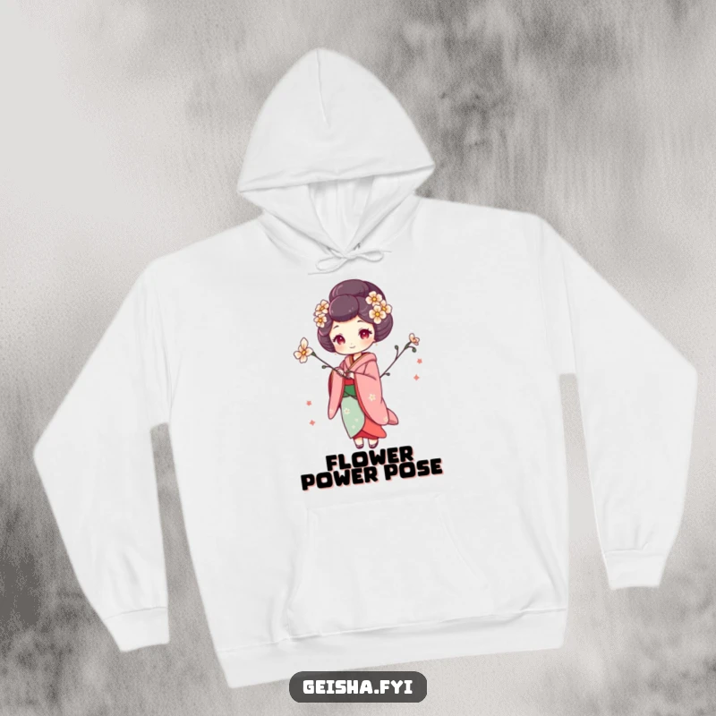 Funny geisha hoodie showcasing a woman in a whimsical pose with a flower, blending artistic design with cozy wear.