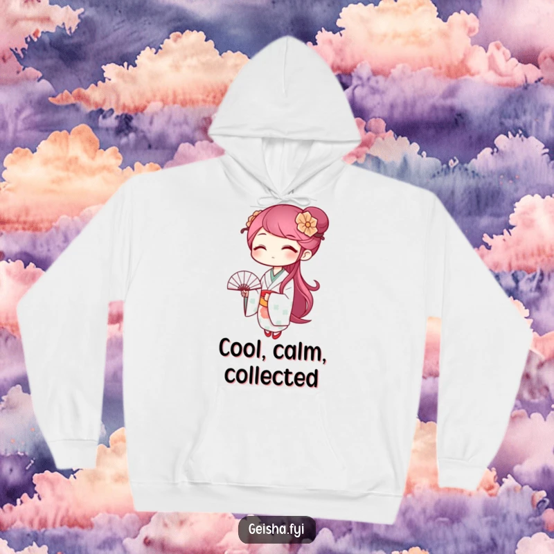 Funny geisha hoodie with a winking character holding a small patterned fan, offering humorous warmth and style.