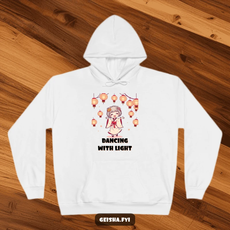 Funny geisha hoodie showing a geisha character dancing merrily with a beautiful cascade of glowing paper lanterns, perfect for chilly nights.