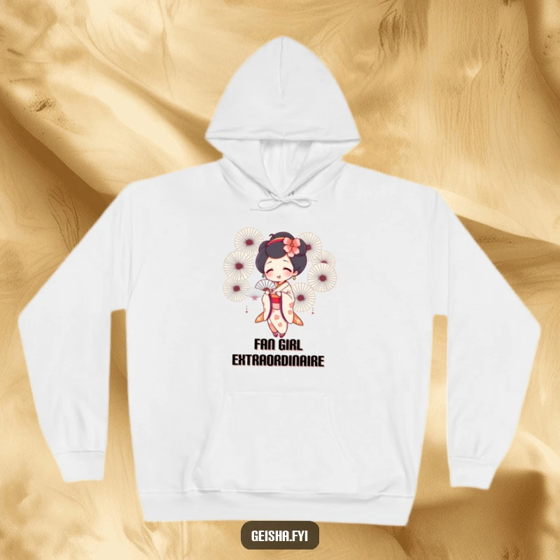 Funny geisha hoodie depicting a joyful geisha fanning herself with many fans, offering warmth and a sense of cool fun.