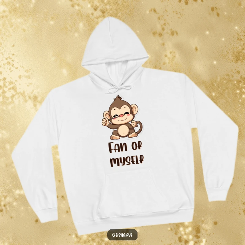 Funny cheeky monkey character hoodie, balancing a fan on its nose, cozy and perfect for primate humor enthusiasts.