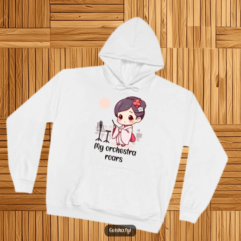 Funny Geisha intensely conducting an invisible orchestra, cozy and humorous hoodie.