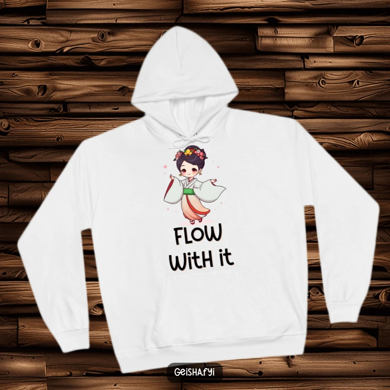 Funny Geisha Hoodie: Joyful character dances with flowing sleeves, blending warmth with energetic humor.