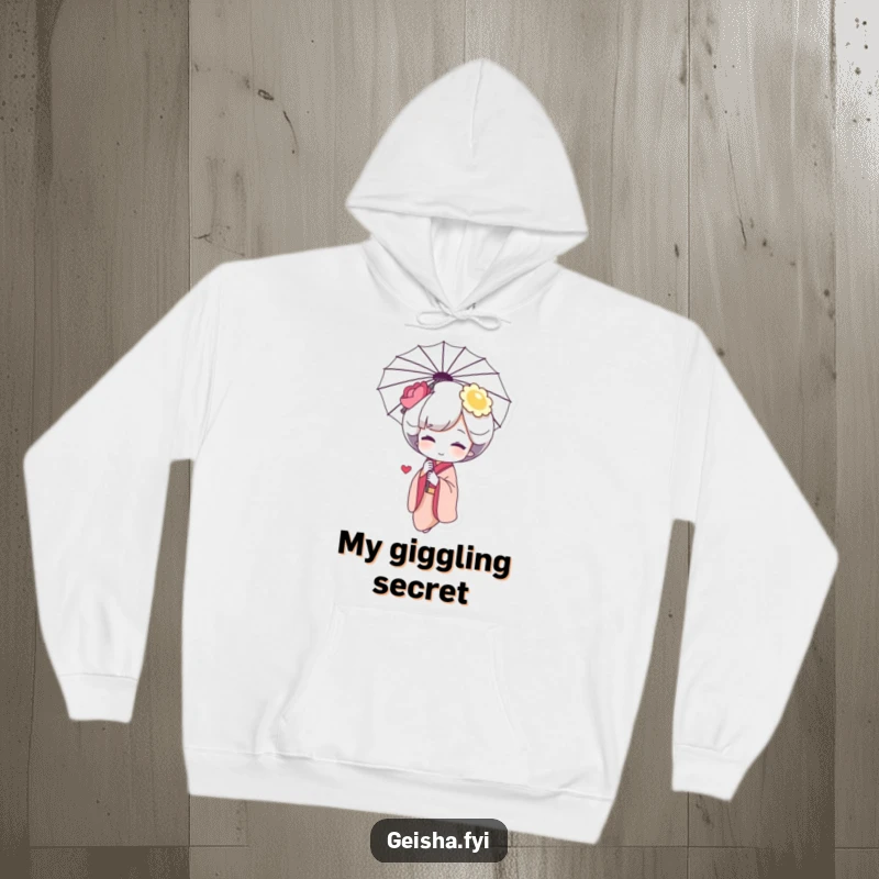 Funny Geisha Giggle Hoodie: a shy character blushing and giggling behind an umbrella, perfect for cozy and sweet moments.