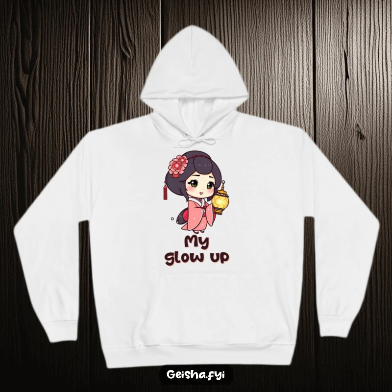 Funny Geisha Hoodie: Playful character winks holding a shimmering lantern, blending warmth with mystical humor.
